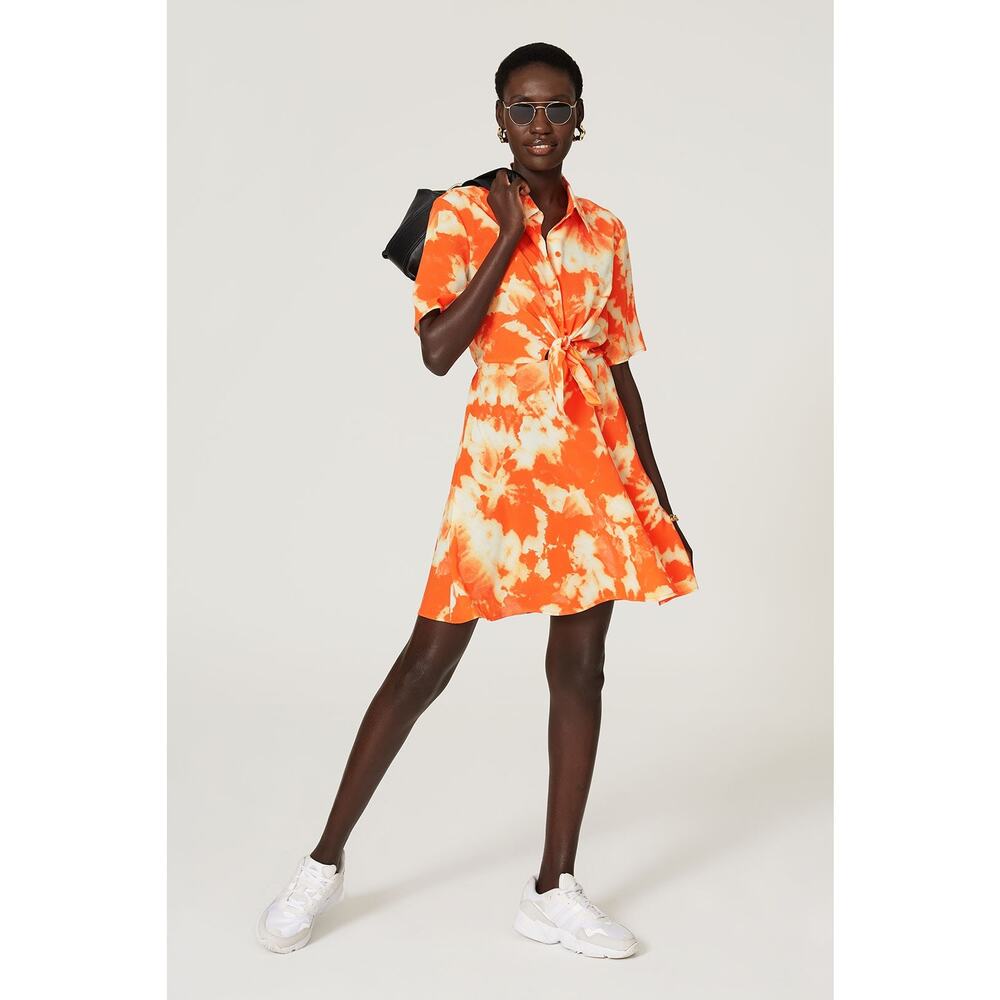 Thakoon Collective Orange Tie Dye Print Fit & Flare Mini Shirt Dress Size 2